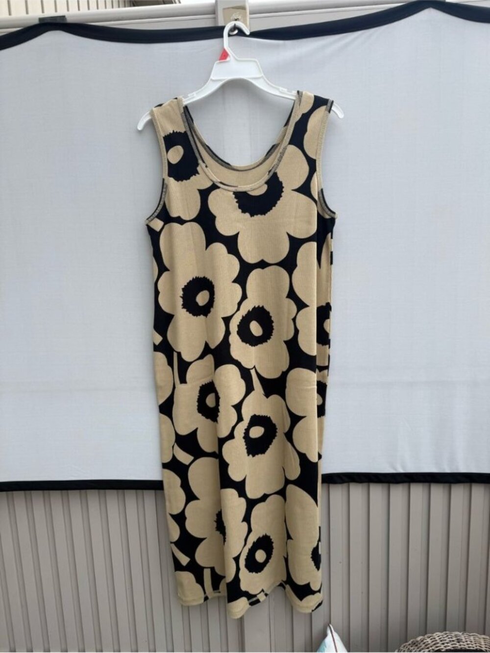 MARIMEKKO Simpukka Unikko Rib Floral Cotton Tank Dress in Beige Black NWT - Picture 2 of 11